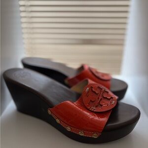 Tory Burch Red and Brown Wedge Slides with Leather Strap